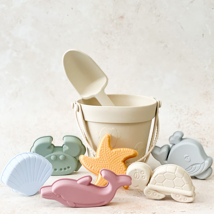 Sand and Sea Silicone Beach Bucket Set - Cream - Coral and Brass