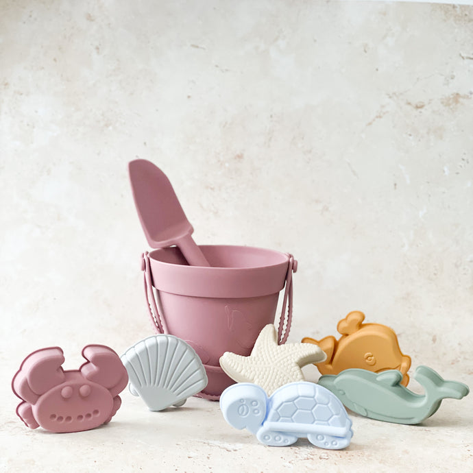 Sand and Sea Silicone Beach Bucket Set - Pastel Pink - Coral and Brass